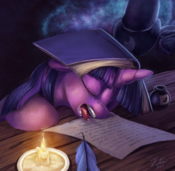 Size: 1200x1173 | Tagged: safe, artist:tsitra360, character:princess luna, character:twilight sparkle, species:alicorn, species:pony, species:unicorn, adorkable, book, book on head, candle, cute, desk, desktop, dork, drool, duo, english, eyes closed, feather, female, fire, floppy ears, indoors, ink, inkwell, letter, lying down, mare, night, open mouth, paper, quill, report, research, sitting, sleeping, solo focus, standing, table, teeth, text, tongue out, workaholic