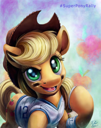 Size: 900x1142 | Tagged: safe, artist:tsitra360, character:applejack, species:earth pony, species:pony, american football, andrew luck, clothing, cute, female, hat, horseshoes, indianapolis colts, jackabetes, looking at you, mare, nfl, open mouth, raised eyebrow, raised hoof, smiling, solo, super bowl, super bowl xlix