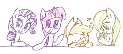 Size: 1831x803 | Tagged: safe, artist:boulderthedragon, character:angel bunny, character:applejack, character:fluttershy, character:rarity, character:twilight sparkle, monochrome, open mouth, sleeping, zzz
