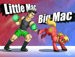 Size: 900x684 | Tagged: safe, artist:tsitra360, character:big mcintosh, species:earth pony, species:human, species:pony, boxer, bucking, crossover, fight, irony, little mac (punch out), male, middle mac, namesake, nintendo, pun, punch out, stallion, super smash bros., super smash bros. 4, versus