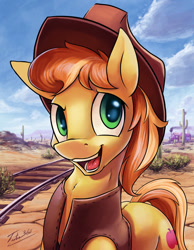 Size: 699x900 | Tagged: safe, artist:tsitra360, character:braeburn, species:earth pony, species:pony, braebetes, cactus, clothing, desert, friendship express, happy, hat, looking at you, male, open mouth, portrait, railroad, solo, train, vest