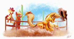 Size: 1500x786 | Tagged: safe, artist:tsitra360, character:apple bloom, character:applejack, character:big mcintosh, species:earth pony, species:pony, apple siblings, cactus, cheering, dust, eyes closed, female, fence, filly, gritted teeth, male, mare, rodeo, saguaro cactus, siblings, stallion