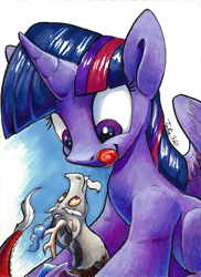 Size: 1791x2461 | Tagged: safe, artist:tsitra360, character:discord, character:twilight sparkle, character:twilight sparkle (alicorn), species:alicorn, species:draconequus, species:pony, cute, discute, duo, duo male and female, eyes on the prize, female, frown, giant pony, imminent vore, kitchen eyes, licking lips, looking at each other, macro, male, mare, signature, smiling, tongue out, traditional art, twiabetes, twipred