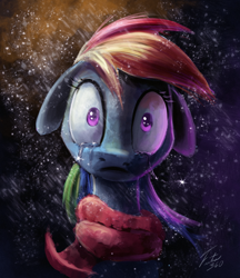 Size: 900x1043 | Tagged: safe, artist:tsitra360, character:rainbow dash, species:pony, episode:tanks for the memories, g4, my little pony: friendship is magic, 30 minute art challenge, clothing, crying, epic, female, floppy ears, mare, scarf, signature, snow, snowfall, solo, teary eyes