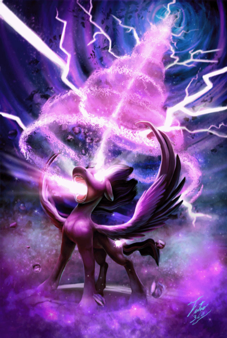Size: 739x1100 | Tagged: safe, artist:equum_amici, artist:tsitra360, character:twilight sparkle, character:twilight sparkle (alicorn), species:alicorn, species:pony, animated, apotheosis, cinemagraph, epic, female, floppy ears, glowing eyes, lightning, magic, magic overload, magic surge, oblivion, open mouth, ruffled feathers, shoop da whoop, solo, spread wings, surreal, unlimited power, vortex, what has magic done, wings, xk-class end-of-the-world scenario