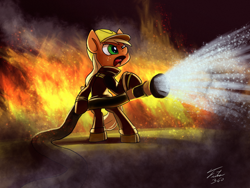 Size: 1200x900 | Tagged: safe, artist:tsitra360, character:applejack, species:pony, bipedal, female, fire, fire hose, firefighter, open mouth, solo