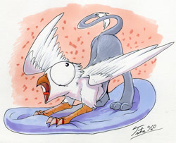 Size: 1000x811 | Tagged: safe, artist:tsitra360, edit, oc, oc only, oc:der, species:griffon, birb, derp, face down ass up, open mouth, poopie scoobie, solo, special eyes, spread wings, tongue out, traditional art, wat, wide eyes, wings