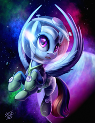 Size: 927x1200 | Tagged: safe, artist:tsitra360, character:rainbow dash, species:pegasus, species:pony, episode:scare master, g4, my little pony: friendship is magic, astrodash, astronaut, clothing, costume, female, mare, nightmare night, nightmare night costume, open mouth, planet, solo, space, stars, wheatley