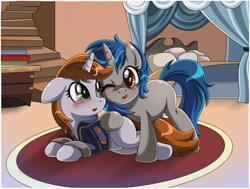 Size: 6215x4709 | Tagged: safe, artist:estories, oc, oc only, oc:homage, oc:littlepip, species:pony, species:unicorn, fallout equestria, absurd resolution, bed, blushing, book, fallout, female, floppy ears, lesbian, mare, oc x oc, one eye closed, prone, shipping, staircase, vault suit, wink
