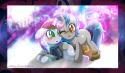 Size: 2167x1263 | Tagged: safe, artist:estories, oc, oc only, oc:homage, oc:littlepip, species:pony, species:unicorn, fallout equestria, blushing, fallout, female, floppy ears, lesbian, mare, oc x oc, one eye closed, open mouth, prone, shipping, vault suit, wink