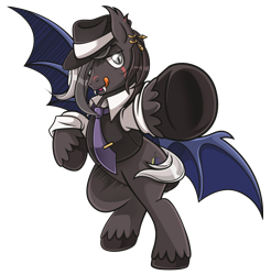Size: 4134x4203 | Tagged: safe, artist:estories, oc, oc only, oc:shadow dash, species:bat pony, species:pony, absurd resolution, clothing, handsome, hat, male, necktie, open mouth, simple background, solo, stallion, tongue out, transparent background, trilby, vest