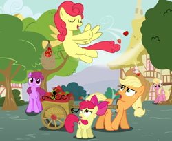 Size: 5600x4600 | Tagged: safe, artist:dashiesparkle, artist:estories, artist:mundschenk85, character:apple bloom, character:applejack, character:berry punch, character:berryshine, character:lily, character:lily valley, character:strawberry sunrise, species:earth pony, species:pegasus, species:pony, absurd resolution, apple, cart, eyes closed, female, filly, food, mare, quintet, strawberry, strawberry savage, tree, vector