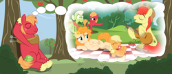 Size: 14000x6000 | Tagged: safe, artist:estories, artist:mundschenk85, character:applejack, character:big mcintosh, character:bright mac, character:granny smith, character:pear butter, species:pony, ship:brightbutter, episode:the perfect pear, g4, my little pony: friendship is magic, absurd resolution, apple siblings, apple sisters, blank flank, blushing, brother and sister, colt big macintosh, father and daughter, father and son, female, filly, filly applejack, grandmother, grandmother and grandchild, grandmother and granddaughter, grandmother and grandson, guitar, implied apple bloom, male, memory, mother and child, mother and daughter, mother and daughter-in-law, mother and son, pregnant, shipping, siblings, singing, sisters, straight, thought bubble, tree, vector, younger