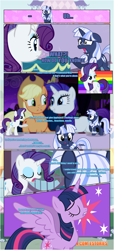 Size: 1919x4225 | Tagged: safe, artist:estories, character:applejack, character:rarity, character:twilight sparkle, character:twilight sparkle (alicorn), oc, oc:silverlay, species:alicorn, species:pony, species:unicorn, comic:a(pple)ffection, comic, female, mare