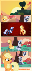 Size: 1919x4225 | Tagged: safe, artist:estories, character:applejack, oc, oc:silverlay, species:earth pony, species:pony, species:unicorn, comic:a(pple)ffection, comic, hill, red background, screaming, simple background, sunset, textless, tree