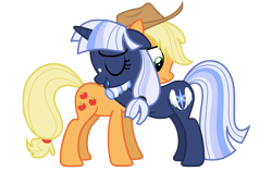 Size: 9942x6265 | Tagged: safe, artist:estories, character:applejack, oc, oc only, oc:silverlay, species:earth pony, species:pony, species:unicorn, absurd resolution, applejack's hat, clothing, cowboy hat, eyes closed, female, hat, hug, lesbian, mare, open mouth, simple background, transparent background, vector