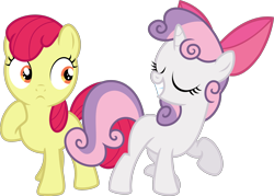 Size: 3567x2548 | Tagged: safe, artist:estories, artist:flizzick, artist:gurugrendo, edit, editor:slayerbvc, character:apple bloom, character:sweetie belle, species:earth pony, species:pony, species:unicorn, accessory swap, accessory-less edit, apple bloom's bow, bow, female, filly, grin, hair bow, raised hoof, simple background, smiling, transparent background, vector, vector edit