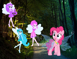 Size: 1796x1372 | Tagged: safe, artist:cookiechans2, artist:estories, artist:user15432, base used, character:pinkie pie, oc, oc:fern, oc:lily, oc:willow, species:human, my little pony:equestria girls, artificial wings, augmented, barely eqg related, barely pony related, blue fairy, cepia llc, crossover, crown, element of laughter, equestria girls style, equestria girls-ified, fairies, fairies are magic, fairy, fairy pony, fairy princess, fairy wings, fairyized, fern, forest, hasbro, hasbro studios, humanized, jewelry, lily (of dragons fairies and wizards), magic, magic wings, necklace, of dragons fairies and wizards, pink fairy, princess pinkie pie, purple fairy, regalia, tree, willow, winged humanization, wings