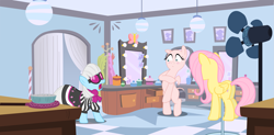 Size: 3039x1500 | Tagged: safe, artist:cloudyglow, artist:estories, artist:porygon2z, artist:sketchmcreations, edit, editor:slayerbvc, character:fluttershy, character:photo finish, species:earth pony, species:pegasus, species:pony, episode:green isn't your color, g4, my little pony: friendship is magic, bipedal, blushing, clothed female nude female, clothing, costume, covering, dress, dressing room, edited edit, embarrassed, embarrassed nude exposure, female, fluttershy suit, furless, furless edit, gasp, hairbrush, light, looking down, mare, naked rarity, nudity, plucked wings, pony costume, ponyquin, ponysuit, shaved, shaved tail