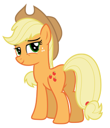 Size: 6250x7276 | Tagged: safe, artist:estories, character:applejack, species:earth pony, species:pony, absurd resolution, applejack's hat, clothing, cowboy hat, cute, female, freckles, hat, looking back, mare, plot, simple background, smiling, solo, transparent background, vector