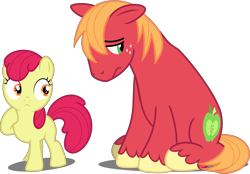 Size: 9612x6685 | Tagged: safe, artist:estories, edit, editor:slayerbvc, character:apple bloom, character:big mcintosh, species:earth pony, species:pony, absurd resolution, accessory-less edit, brother and sister, cute, depressed, duo, female, filly, hoof on chest, looking back, macabetes, male, missing accessory, raised hoof, sad, sadorable, simple background, sitting, stallion, transparent background, vector, vector edit