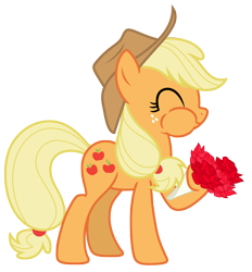Size: 6995x7548 | Tagged: safe, artist:estories, character:applejack, species:earth pony, species:pony, absurd resolution, applejack's hat, aweeg*, bouquet, clothing, cowboy hat, eating, eating flower, eyes closed, female, flower, hat, herbivore, horses doing horse things, mare, puffy cheeks, rose, silly, silly pony, simple background, solo, transparent background, vector, who's a silly pony