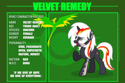 Size: 6000x4000 | Tagged: safe, artist:estories, oc, oc only, oc:pyrelight, oc:velvet remedy, species:balefire phoenix, species:bird, species:phoenix, species:pony, species:unicorn, fallout equestria, blind, blind eye, character profile, cute, duo, fallout, female, green background, happy, injured, mare, open mouth, raised hoof, revenant — fallout equestria 2, scar, simple background, stable-tec, text, vector