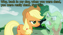 Size: 1280x720 | Tagged: safe, artist:estories, edit, edited screencap, editor:mrdoctorderpy, screencap, character:applejack, character:granny smith, species:pony, spoilers for another series, annoyed, caption, dead, ghost, image macro, rocko's modern life, rocko's modern life: static cling, text, vector