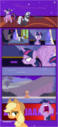 Size: 1919x4225 | Tagged: safe, artist:estories, character:applejack, character:twilight sparkle, character:twilight sparkle (alicorn), oc, oc:silverlay, species:alicorn, species:earth pony, species:pony, species:unicorn, comic:a(pple)ffection, angry, comic, discorded, female, mare, nose in the air
