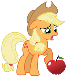 Size: 872x1024 | Tagged: safe, artist:estories, artist:fureox, edit, character:applejack, species:earth pony, species:pony, apple, female, food, mare, open mouth, raised hoof, simple background, solo, white background