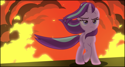 Size: 8050x4350 | Tagged: safe, artist:estories, character:starlight glimmer, species:pony, species:unicorn, episode:the ending of the end, g4, my little pony: friendship is magic, absurd resolution, badass, cool guys don't look at explosions, epic, explosion, female, frown, lidded eyes, like a boss, mare, solo, starlight glimmer in places she shouldn't be, walking away, walking away from explosion, windswept mane