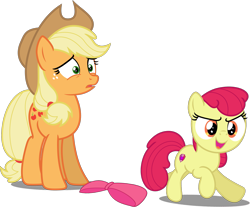 Size: 2237x1850 | Tagged: safe, artist:estories, artist:rough-boulder, edit, editor:slayerbvc, character:apple bloom, character:applejack, species:earth pony, species:pony, accessory-less edit, apple bloom's bow, applejack's hat, bow, clothing, confused, cowboy hat, edited edit, female, filly, hair bow, hat, mare, siblings, simple background, sisters, surprised, transparent background, trotting, vector, vector edit