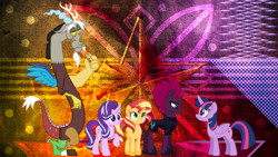 Size: 3840x2160 | Tagged: safe, artist:ejlightning007arts, artist:estories, artist:laszlvfx, artist:limedazzle, artist:peahead, edit, character:discord, character:starlight glimmer, character:sunset shimmer, character:tempest shadow, character:twilight sparkle, character:twilight sparkle (alicorn), species:alicorn, species:draconequus, species:pony, species:unicorn, broken horn, cookie, eating, eye scar, female, food, horn, male, mare, movie accurate, scar, wallpaper, wallpaper edit
