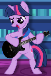 Size: 641x955 | Tagged: safe, artist:estories, artist:grapefruitface1, artist:therockinstallion, base used, character:twilight sparkle, species:pony, species:unicorn, bipedal, cute, electric guitar, female, guitar, library, musical instrument, solo, standing, twiabetes