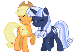 Size: 9995x7173 | Tagged: safe, artist:estories, character:applejack, oc, oc:silverlay, species:pony, absurd resolution, canon x oc, eyes closed, female, lesbian, shipping, silverjack, simple background, smiling, transparent background, vector