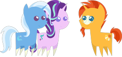 Size: 4270x2004 | Tagged: safe, artist:estories, editor:slayerbvc, character:starlight glimmer, character:sunburst, character:trixie, species:pony, species:unicorn, cropped, female, frown, glasses, male, mare, missing accessory, pointy ponies, ponies wearing sunburst's socks, simple background, smiling, sockless sunburst, socks (coat marking), stallion, sunburst's glasses, transparent background, trio, vector