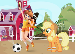 Size: 2508x1829 | Tagged: safe, artist:estories, artist:user15432, character:applejack, species:earth pony, species:human, species:pony, ball, barely pony related, butterfly, butterfly wings, clothing, crossover, crown, ear piercing, earring, female, football, human and pony, jewelry, mario sports superstars, net, nintendo, piercing, ponyville, princess daisy, regalia, shoes, soccer field, sports, sports outfit, sports shorts, sporty style, super mario bros., sweatband, sweet apple acres, training, wings