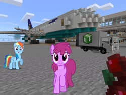 Size: 2048x1536 | Tagged: safe, artist:dashiesparkle edit, artist:estories, edit, editor:topsangtheman, character:berry punch, character:berryshine, character:rainbow dash, species:earth pony, species:pegasus, species:pony, airport, boeing 777, following, food, looking at you, lufthansa, minecraft, offscreen character, pov, truck