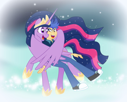 Size: 2572x2068 | Tagged: safe, artist:bbbhuey, artist:estories, character:flash sentry, character:twilight sparkle, character:twilight sparkle (alicorn), species:alicorn, species:pony, ship:flashlight, episode:the last problem, g4, my little pony: friendship is magic, my little pony:equestria girls, adult, cheek squish, crown, dream realm, dream walker, female, high res, hoof shoes, hug, hug from behind, human flash sentry x pony twilight, interspecies, jewelry, looking at each other, male, mare, older, older flash sentry, open mouth, princess twilight 2.0, regalia, shipping, show accurate, smiling, squishy cheeks, story included, straight, stubble, winghug