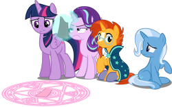 Size: 3078x1917 | Tagged: safe, artist:estories, artist:frownfactory, artist:slb94, artist:sofunnyguy, edit, editor:slayerbvc, character:starlight glimmer, character:sunburst, character:trixie, character:twilight sparkle, character:twilight sparkle (alicorn), species:alicorn, species:pony, species:unicorn, blushing, clothing, confused, female, frown, glasses, inverted mouth, looking back, looking down, magic, magic circle, male, mare, raised hoof, robe, simple background, sitting, sockless sunburst, socks (coat marking), stallion, starlight is not amused, sunburst's glasses, sunburst's robe, transparent background, unamused, vector, vector edit