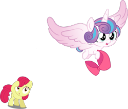 Size: 1733x1468 | Tagged: safe, artist:djdavid98 edits, artist:dragonm97hd, artist:estories, edit, editor:slayerbvc, character:apple bloom, character:princess flurry heart, species:alicorn, species:earth pony, species:pony, accessory theft, accessory-less edit, apple bloom's bow, baby, baby pony, bow, diaperless edit, edited edit, female, filly, flying, foal, hair bow, missing accessory, simple background, surprised, transparent background, vector, vector edit
