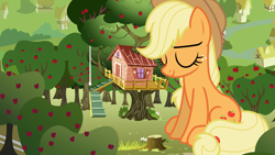 Size: 5000x2813 | Tagged: safe, artist:dipi11, artist:estories, artist:jerryakiraclassics19, character:applejack, species:earth pony, species:pony, apple, apple tree, clothing, clubhouse, cowboy hat, crusaders clubhouse, eyes closed, female, freckles, giant pony, giantess, hat, macro, mare, resting, sitting, sleeping, stetson, tree, tree stump