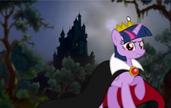 Size: 1280x809 | Tagged: safe, artist:disneymarvel96, artist:estories, edit, character:twilight sparkle, character:twilight sparkle (alicorn), species:alicorn, species:pony, angry, brooch, cape, castle, clothing, crown, disney, evil queen, female, jewelry, moon, night, red eyes, regalia, snow white and the seven dwarfs, solo, vector, vector edit
