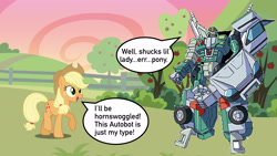 Size: 1920x1080 | Tagged: safe, artist:dashiesparkle edit, artist:estories, edit, character:applejack, apple, apple tree, autobot, clash of hasbro's titans, crossover, destined to be friends, dialogue, similarities, speech bubble, sweet apple acres, this fits, transformers, transformers robots in disguise (2001), tree, vector, vector edit, x-brawn