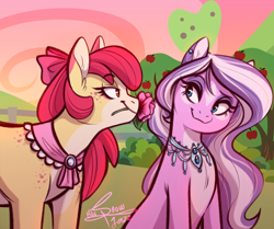 Size: 2388x1998 | Tagged: safe, artist:estories, artist:snowballflo, character:apple bloom, character:diamond tiara, species:earth pony, species:pony, ship:diamondbloom, g4, alternate hairstyle, apple, apple bloom's bow, apple tree, bedroom eyes, bow, bush, ear piercing, earring, eye contact, eyeshadow, female, flower, food, freckles, hair bow, jewelry, lesbian, looking at each other, makeup, mare, markings, mouth hold, necklace, older, older apple bloom, older diamond tiara, outdoors, pale belly, piercing, redesign, shipping, tree