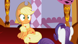 Size: 1280x720 | Tagged: source needed, safe, artist:estories, artist:mandydax, artist:psychoanalyticbrony, character:applejack, character:rarity, species:earth pony, species:pony, species:unicorn, bed, clothing, cowboy hat, female, hat, mare, rarity's bedroom, sitting, stetson