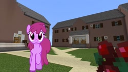Size: 1334x750 | Tagged: safe, artist:estories, artist:topsangtheman, character:berry punch, character:berryshine, species:earth pony, species:pony, berry, food, house, looking at you, minecraft, offscreen character, photoshopped into minecraft, pov