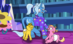 Size: 5030x3030 | Tagged: safe, artist:estories, artist:lynnthenerdkitty, gameloft, character:luster dawn, character:trixie, species:pony, species:unicorn, alternate hairstyle, babysitter trixie, bumblebee, clothing, diaper, eyes closed, gameloft interpretation, hoodie, leonine tail, ponified, raspberry, tongue out, transformers, younger