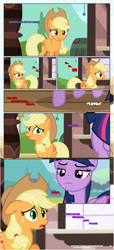Size: 1919x4225 | Tagged: safe, artist:estories, character:applejack, character:twilight sparkle, character:twilight sparkle (alicorn), species:alicorn, species:earth pony, species:pony, comic:a(pple)ffection, applejack's hat, clothing, comic, cowboy hat, disappointed, floppy ears, hat, show accurate, twilight is not amused, unamused, vector, worried