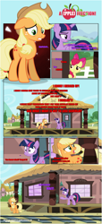 Size: 1919x4225 | Tagged: safe, artist:estories, character:apple bloom, character:applejack, character:twilight sparkle, character:twilight sparkle (alicorn), species:alicorn, species:earth pony, species:pony, comic:a(pple)ffection, applejack's hat, clothing, comic, cowboy hat, floppy ears, hat, shocked, show accurate, train station, twilight is not amused, unamused, vector, worried